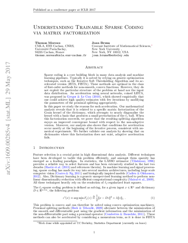 (PDF) Understanding Trainable Sparse Coding with Matrix Factorization