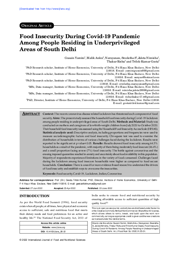 (PDF) Food Insecurity During Covid-19 Pandemic Among People Residing in ...