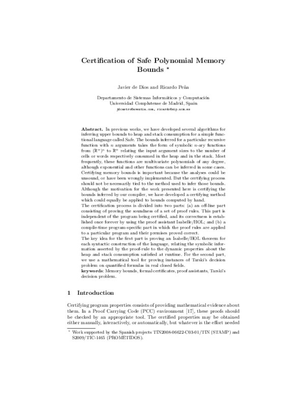 (PDF) Certification of Safe Polynomial Memory Bounds