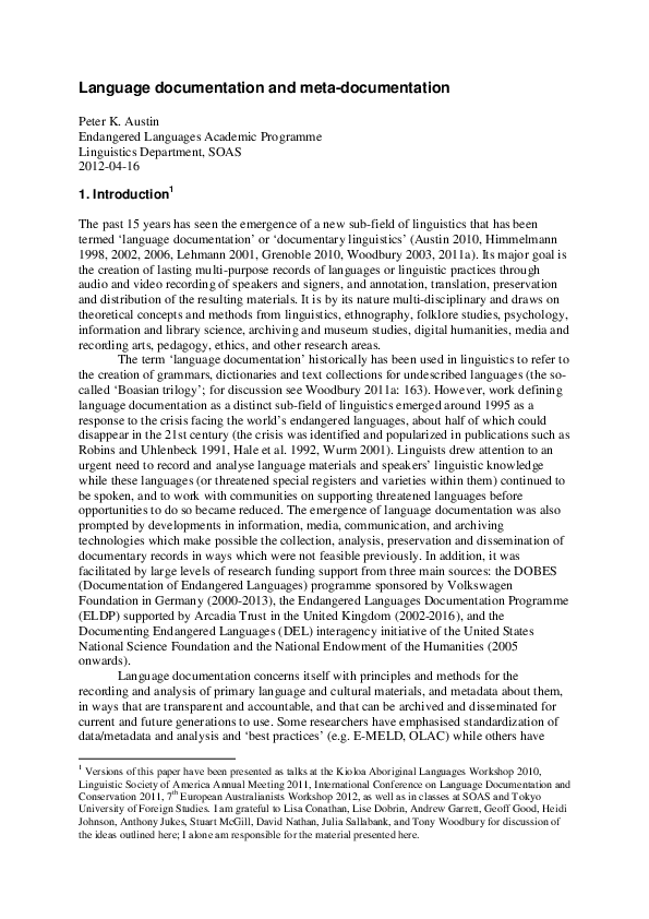 (PDF) Language documentation and meta-documentation