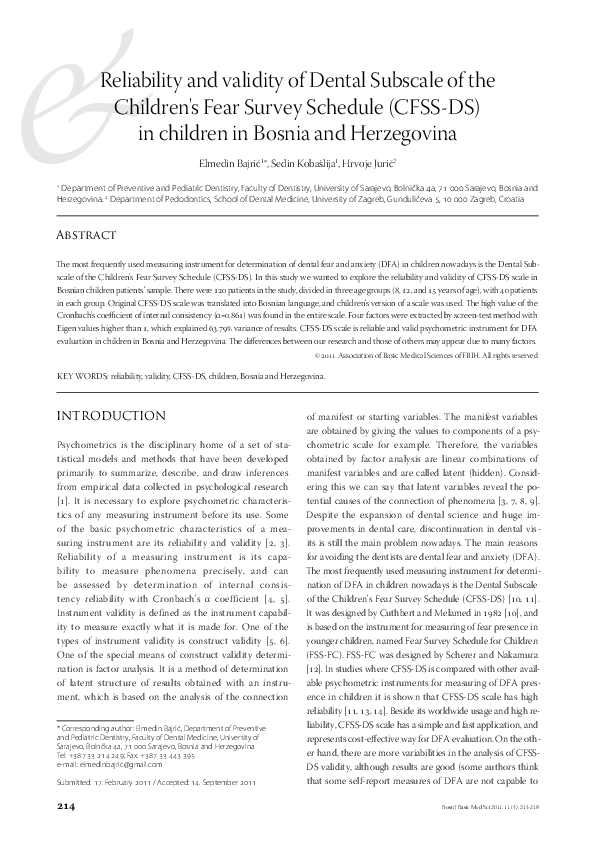 (PDF) Reliability and validity of Dental Subscale of the Children's