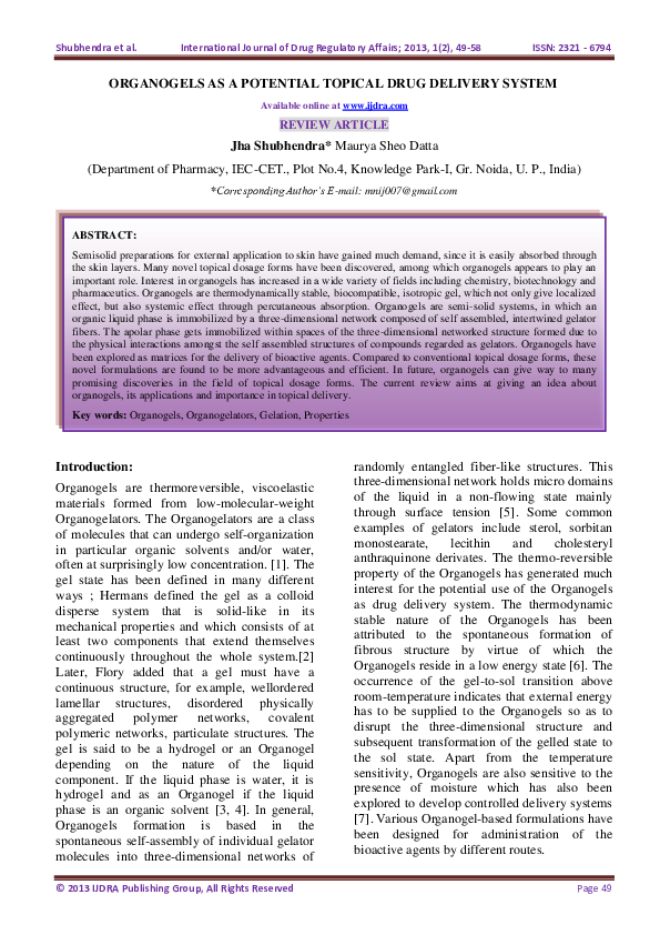 (PDF) Organogels as a Potential Topical Drug Delivery System