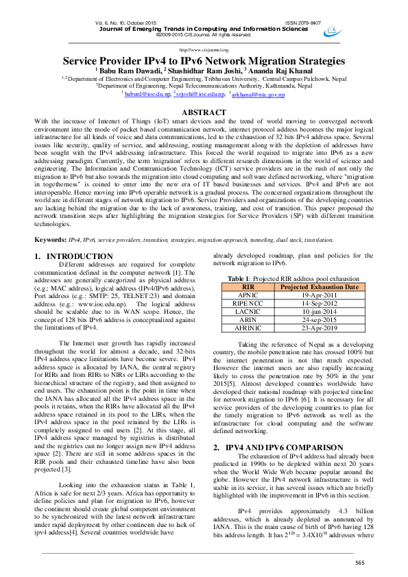 (PDF) Service Provider IPv4 to IPv6 Network Migration Strategies