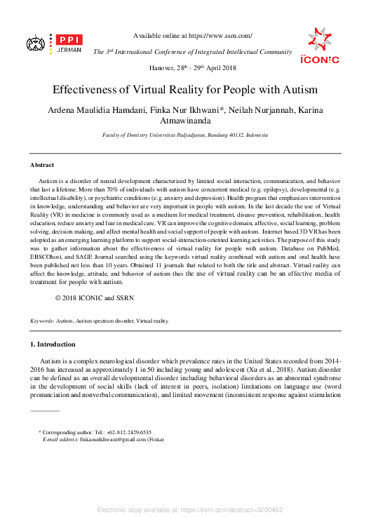 (PDF) Effectiveness of Virtual Reality for People with Autism