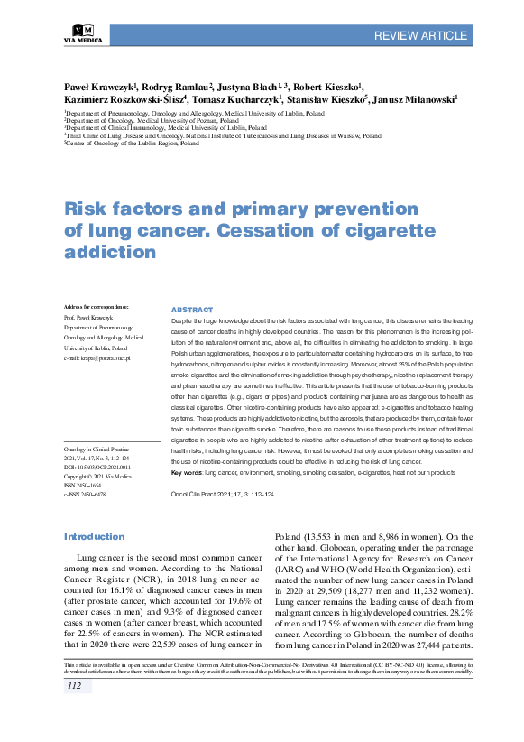 (PDF) Risk factors and primary prevention of lung cancer. Cessation of ...