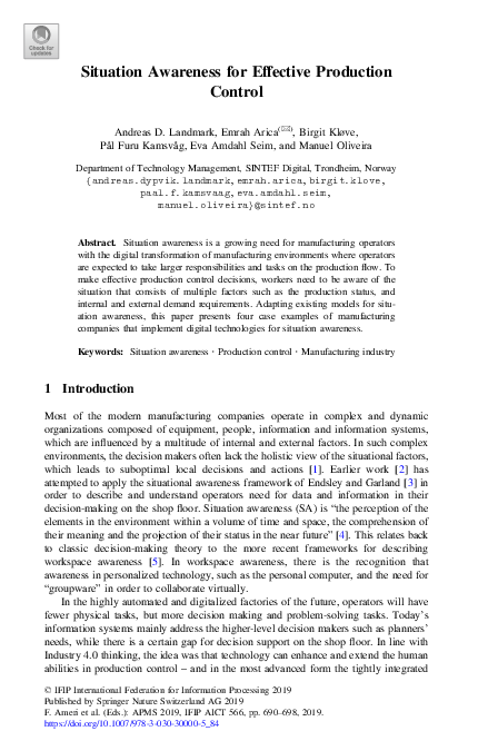 (PDF) Situation Awareness for Effective Production Control