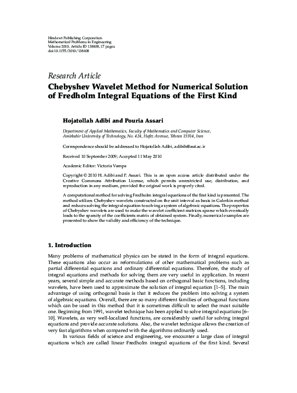 (PDF) Chebyshev Wavelet Method for Numerical Solution of Fredholm ...