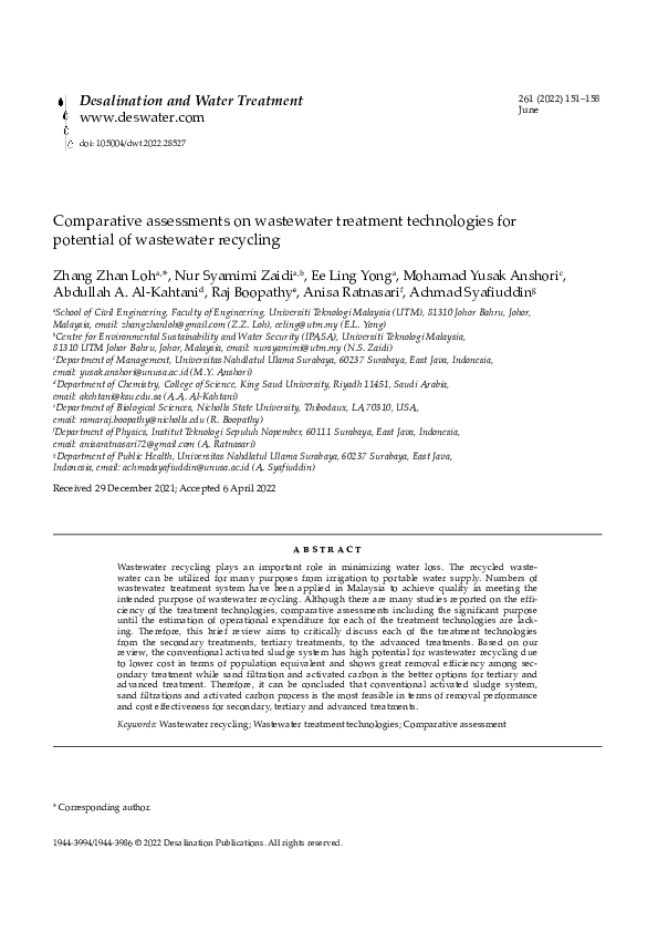 (PDF) Comparative assessments on wastewater treatment technologies for ...