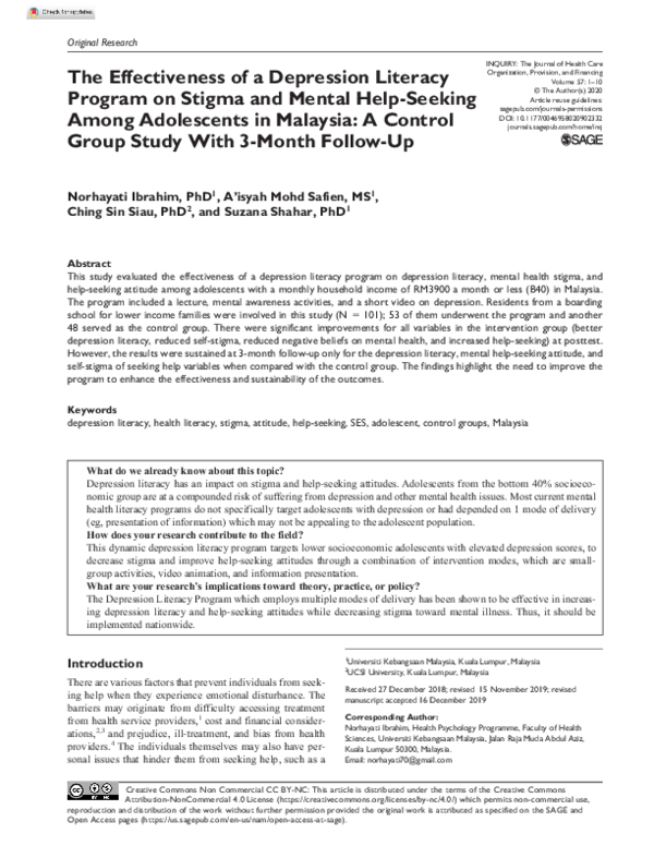 (PDF) The Effectiveness of a Depression Literacy Program on Stigma and ...