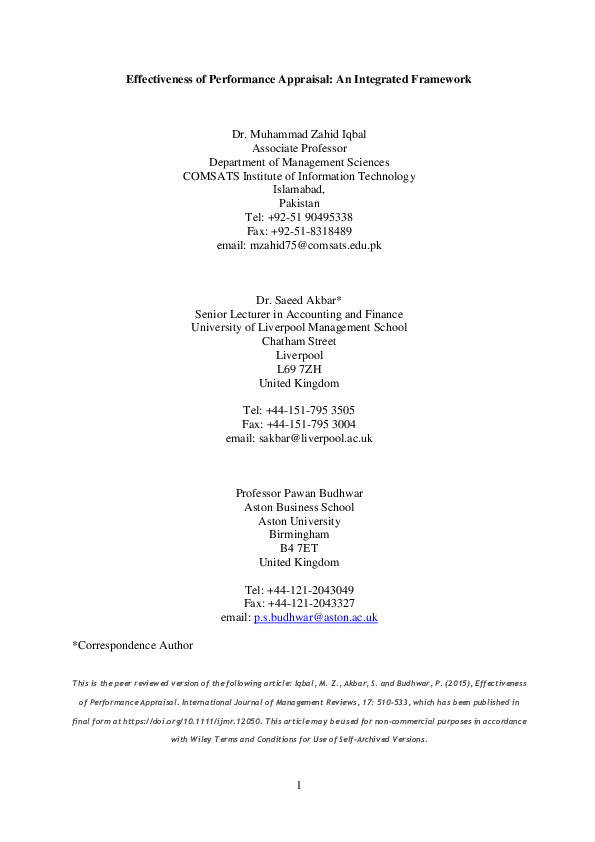 (PDF) Effectiveness of Performance Appraisal: An Integrated Framework
