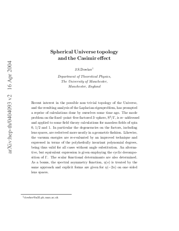 (PDF) Spherical Universe topology and the Casimir effect
