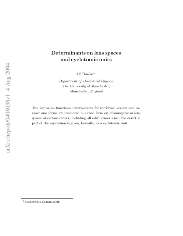 (PDF) Determinants on lens spaces and cyclotomic units