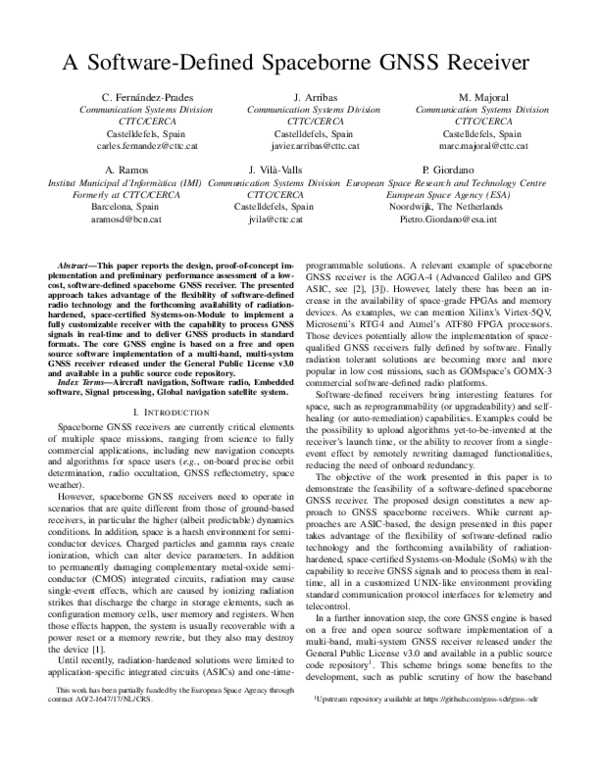 (PDF) A SoftwareDefined Spaceborne GNSS Receiver Carles Fernandez