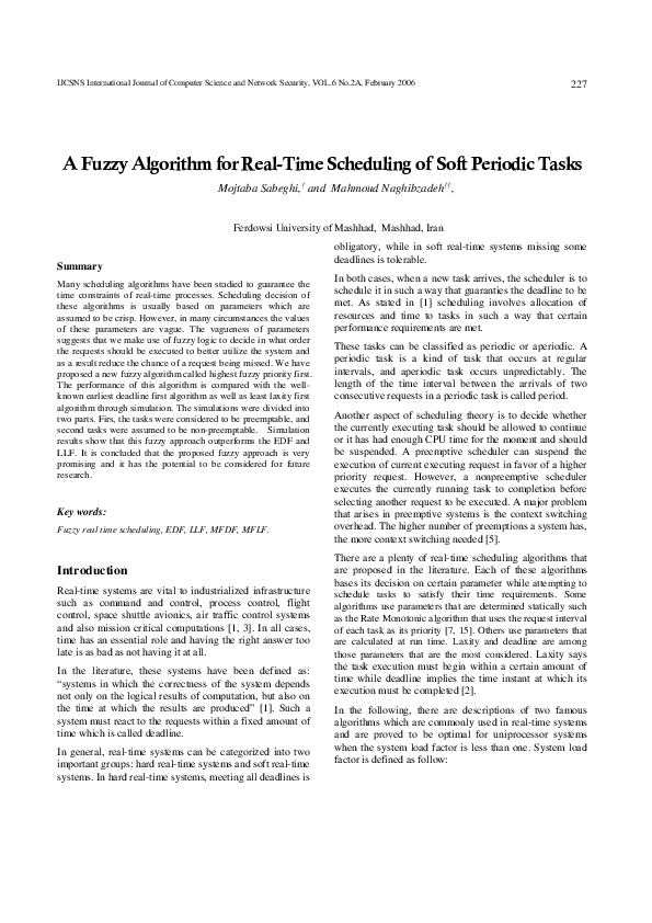 (PDF) A Fuzzy Algorithm for Real-Time Scheduling of Soft Periodic Tasks