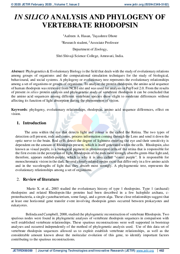 (PDF) In Silico Analysis and Phylogeny of Vertebrate Rhodopsin