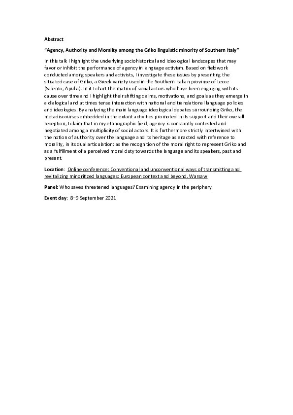 (DOC) Agency Authority and Morality among the Griko linguistic minority ...