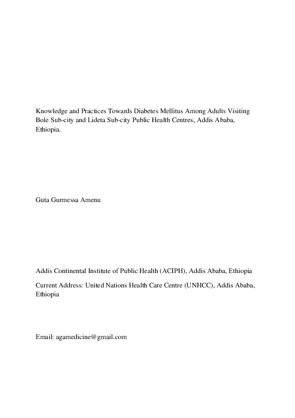 (PDF) Knowledge and Practices Towards Diabetes Mellitus Among Adults ...