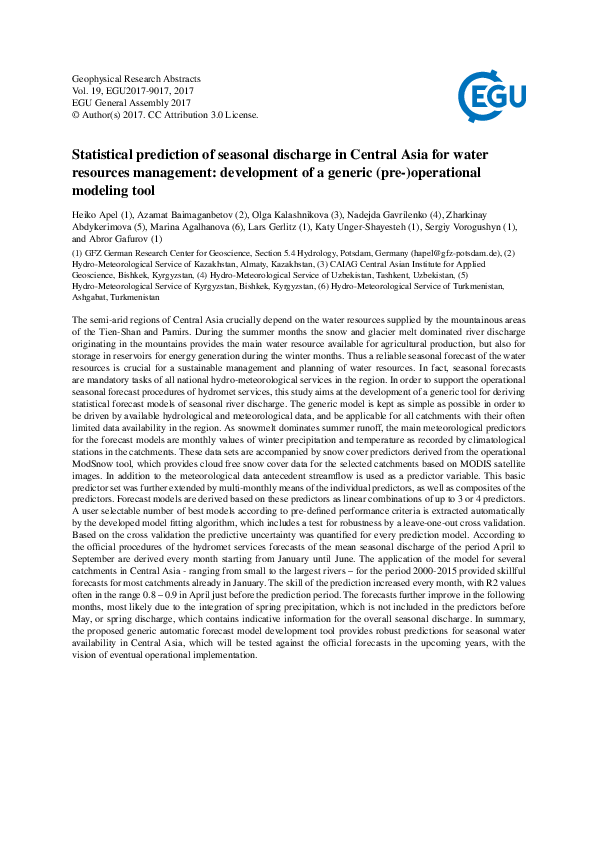 (PDF) Statistical prediction of seasonal discharge in Central Asia for ...