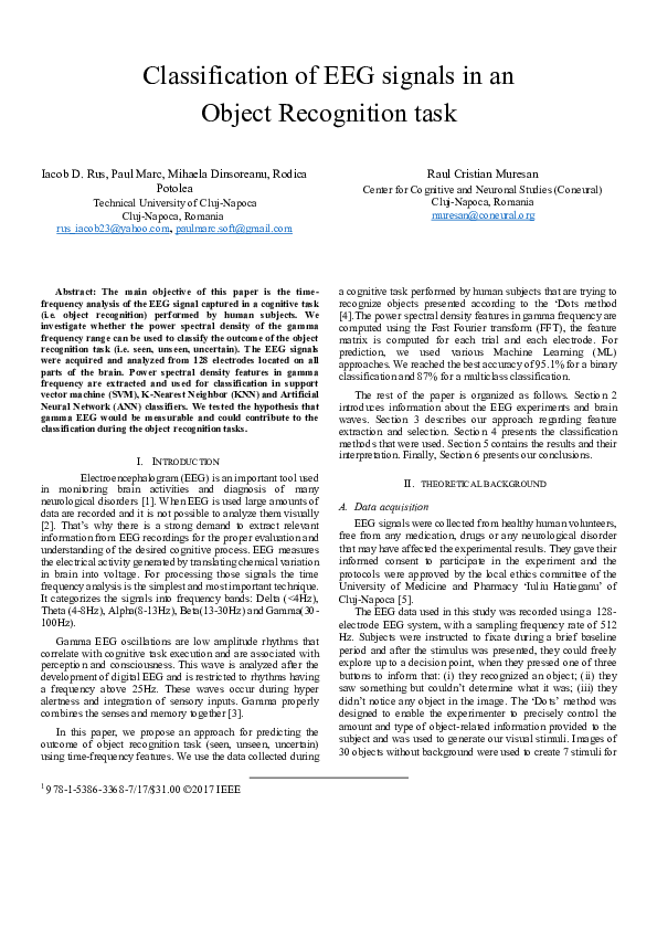 (PDF) Classification of EEG signals in an object recognition task ...
