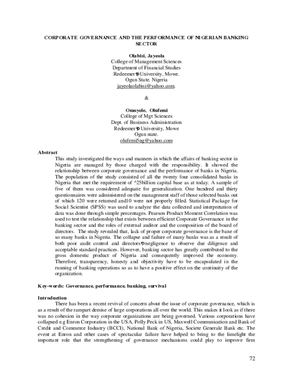 (PDF) Corporate governance and the performance of Nigerian banking sector