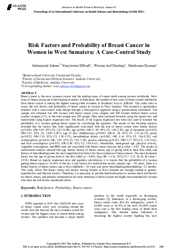 (PDF) Risk Factors and Probability of Breast Cancer in Women in West ...