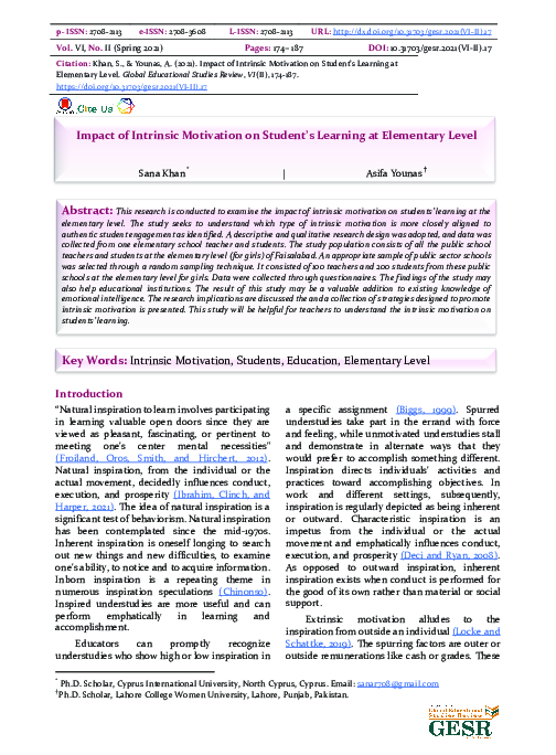 (PDF) Impact of Intrinsic Motivation on Student's Learning at ...