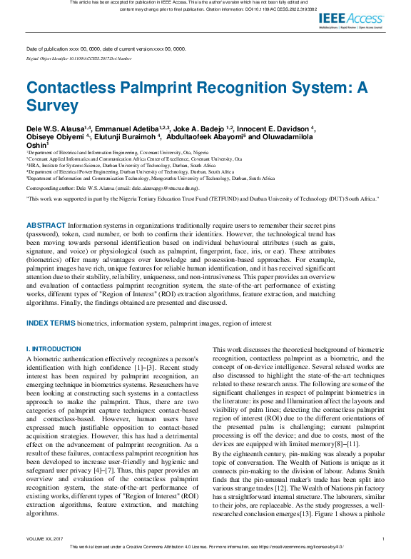 (PDF) Contactless Palmprint Recognition System: A Survey