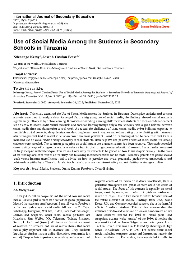 (PDF) Use of Social Media Among the Students in Secondary Schools in ...
