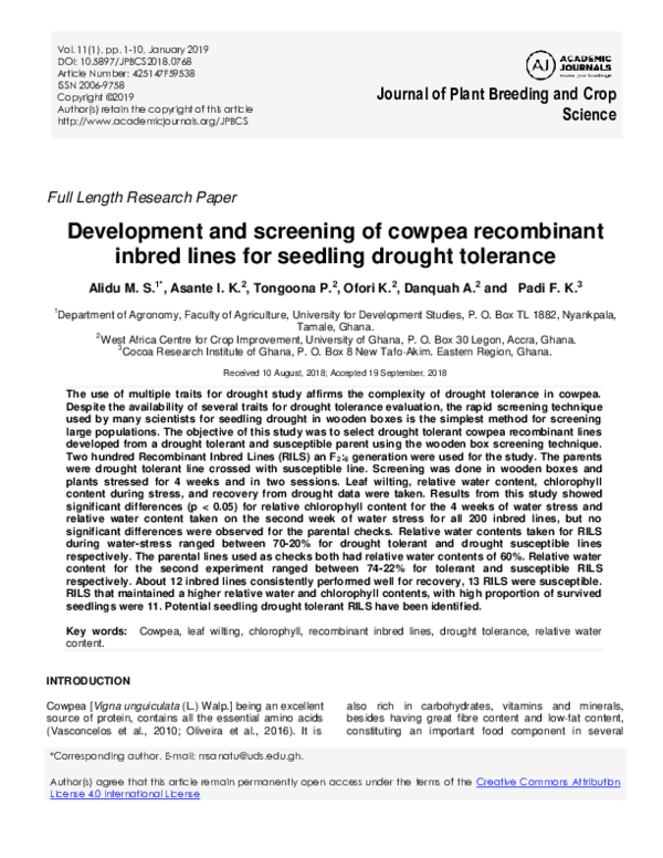 (PDF) Development and screening of cowpea recombinant inbred lines for ...