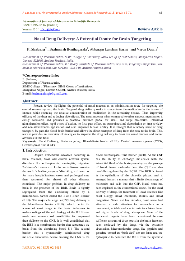 (PDF) Nasal Drug Delivery: A Potential Route for Brain Targetting
