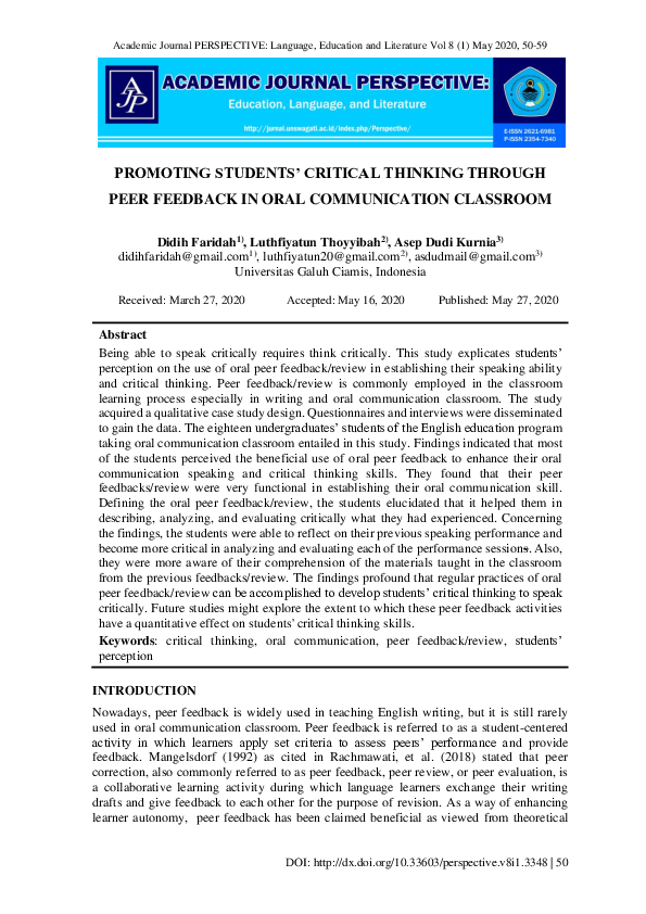 (PDF) Promoting Studentsâ€™ Critical Thinking Through Peer Feedback in ...