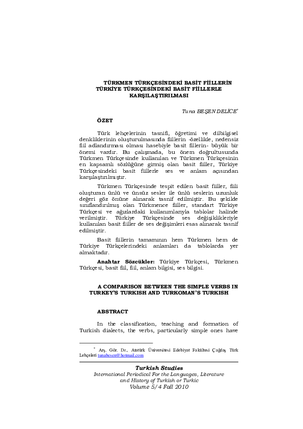 (PDF) A Comparison Between The Simple Verbs In Turkey’s Turkish and ...