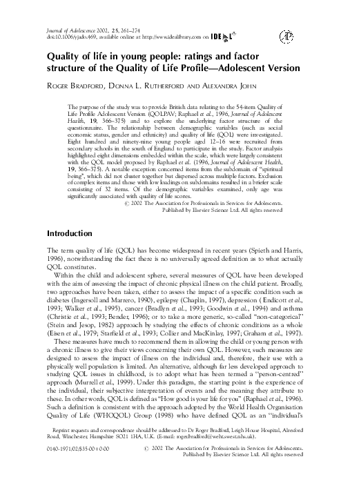 (PDF) Quality of life in young people: ratings and factor structure of ...