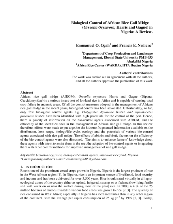 (PDF) Biological Control of African Rice Gall Midge (Orseolia oryzivora ...