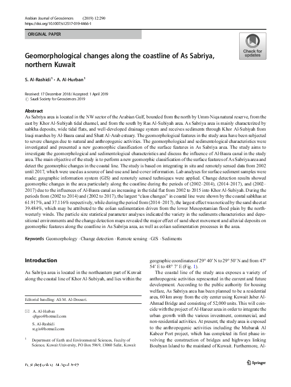 (PDF) Geomorphological changes along the coastline of As Sabriya ...
