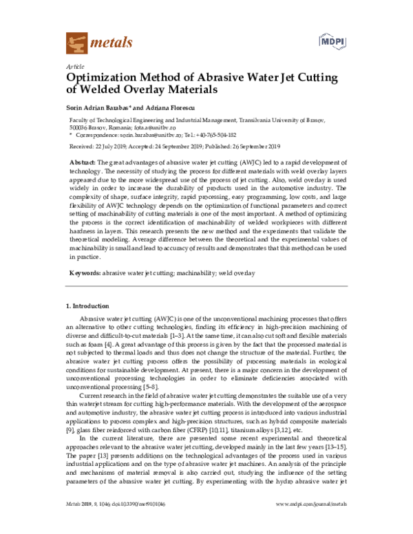 (PDF) Optimization Method of Abrasive Water Jet Cutting of Welded ...
