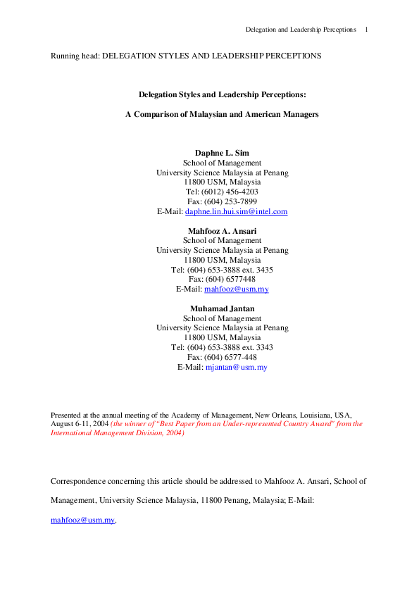 (PDF) Delegation Styles And Leadership Perceptions: A Comparison Of ...
