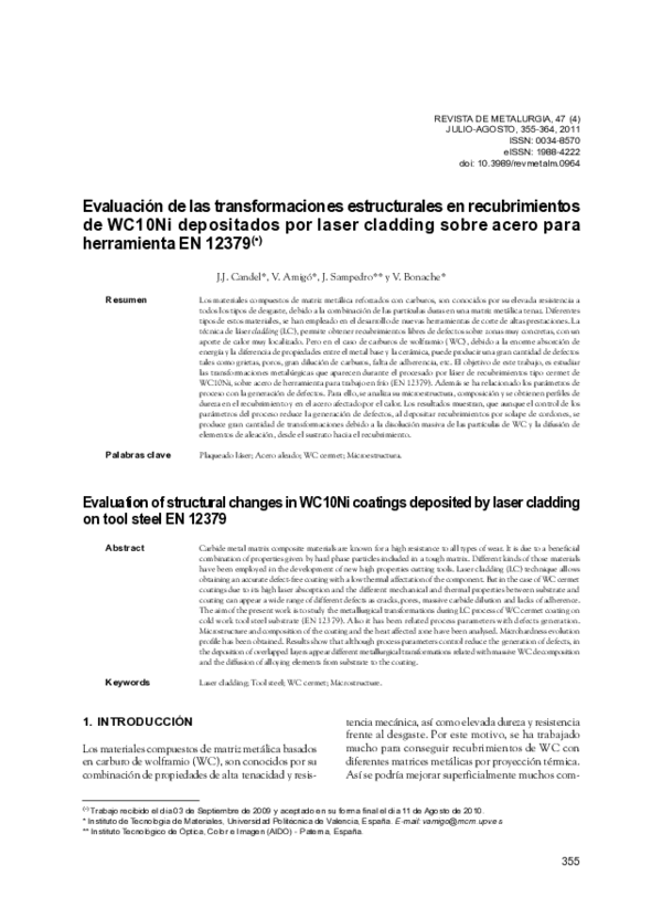 Evaluation of structural changes in WC10Ni coatings deposited by laser cladding on tool steel en 12379 | Evaluación de las transformaciones estructurales en recubrimientos de WC10Ni depositados por laser cladding sobre acero para herramienta EN 12379