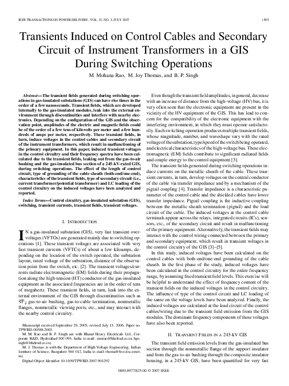 (PDF) Transients Induced on Control Cables and Secondary Circuit of ...