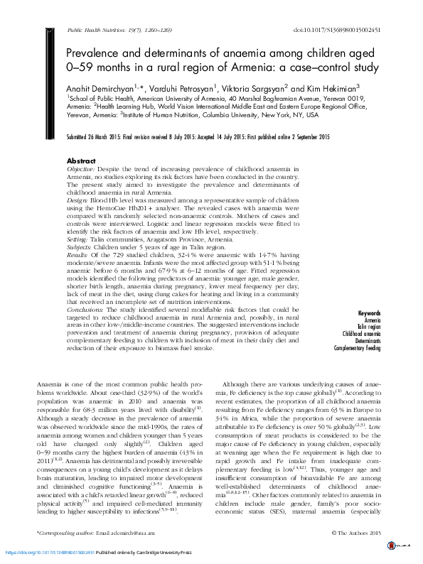 (PDF) Prevalence and determinants of anaemia among children aged 0–59 ...