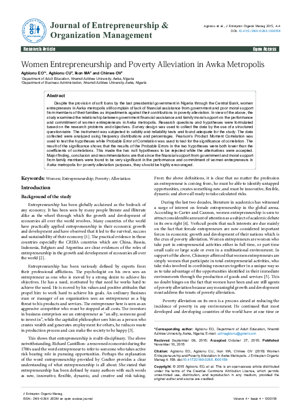 (PDF) Women Entrepreneurship and Poverty Alleviation in Awka Metropolis
