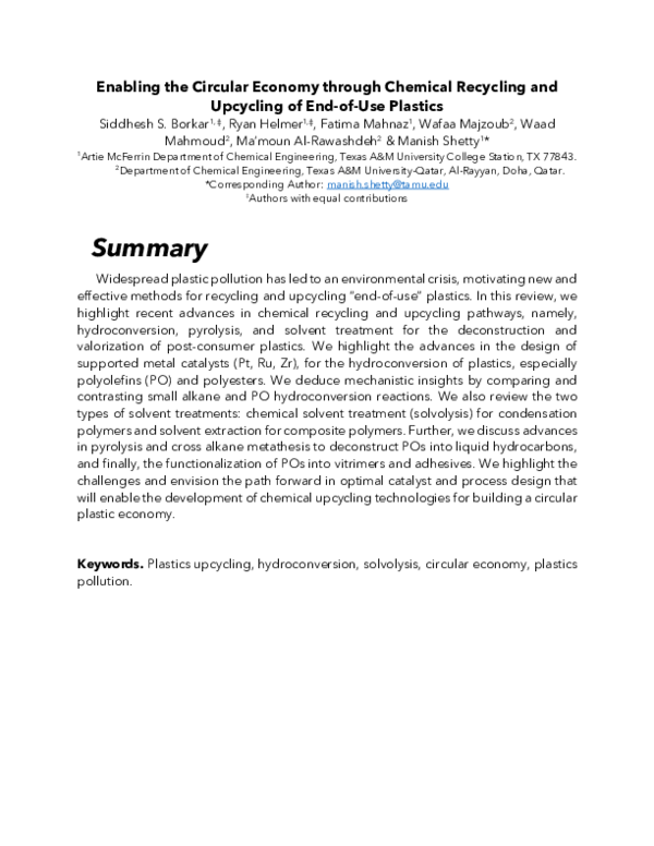 (PDF) Enabling the Circular Economy through Chemical Recycling and ...