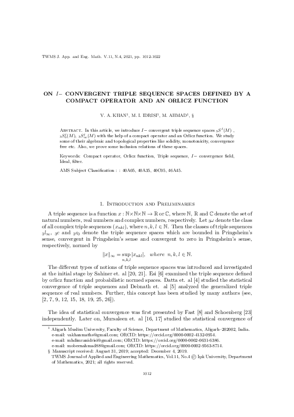 (PDF) On I− convergent triple sequence spaces defined by a compact ...