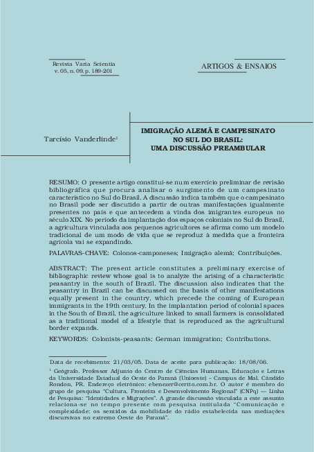 (PDF) Imigração alemã e campesinato no Sul do Brasil: uma discussão ...