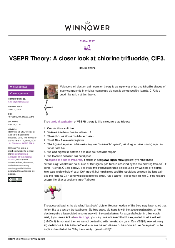 (PDF) VSEPR Theory A closer look at chlorine trifluoride, ClF3 Henry