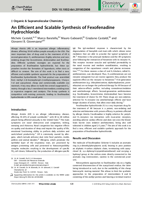 (PDF) An Efficient and Scalable Synthesis of Fexofenadine Hydrochloride