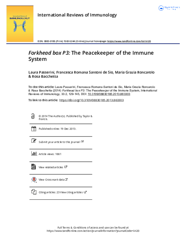 (PDF) Forkhead box P3:The Peacekeeper of the Immune System