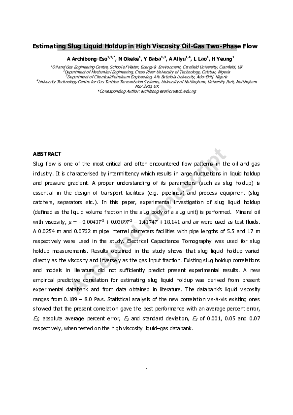 (PDF) Estimating slug liquid holdup in high viscosity oilgas twophase