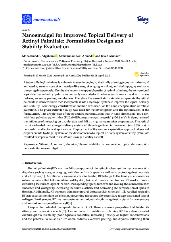 (PDF) Nanoemulgel for Improved Topical Delivery of Retinyl Palmitate ...