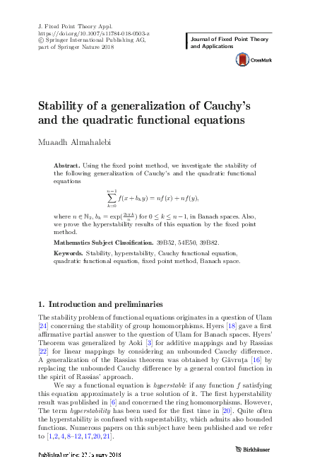 (PDF) Stability of a generalization of Cauchy’s and the quadratic ...